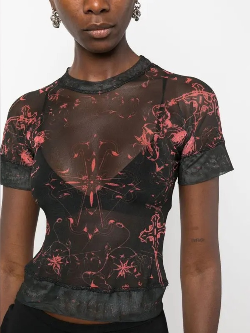 OTTOLINGER Sheer Black Floral-Print Short Sleeve Top Retail $245